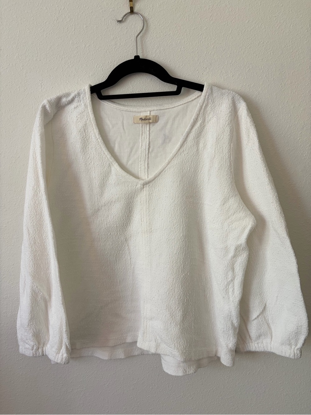 Madewell White Textured Cotton Balloon Sleeve V-Neck Top Size L